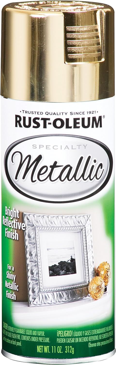 Shows the core product, a Rust-Oleum metallic spray paint can, clearly displaying the brand, product line, and gold metallic finish to help shoppers identify…
