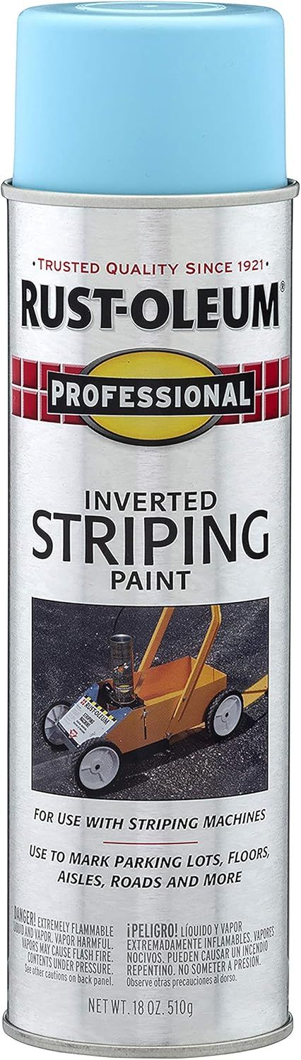 Displays the core product, a Rust-Oleum professional inverted striping paint spray can, clearly showing the brand, product type, and intended use for marking…