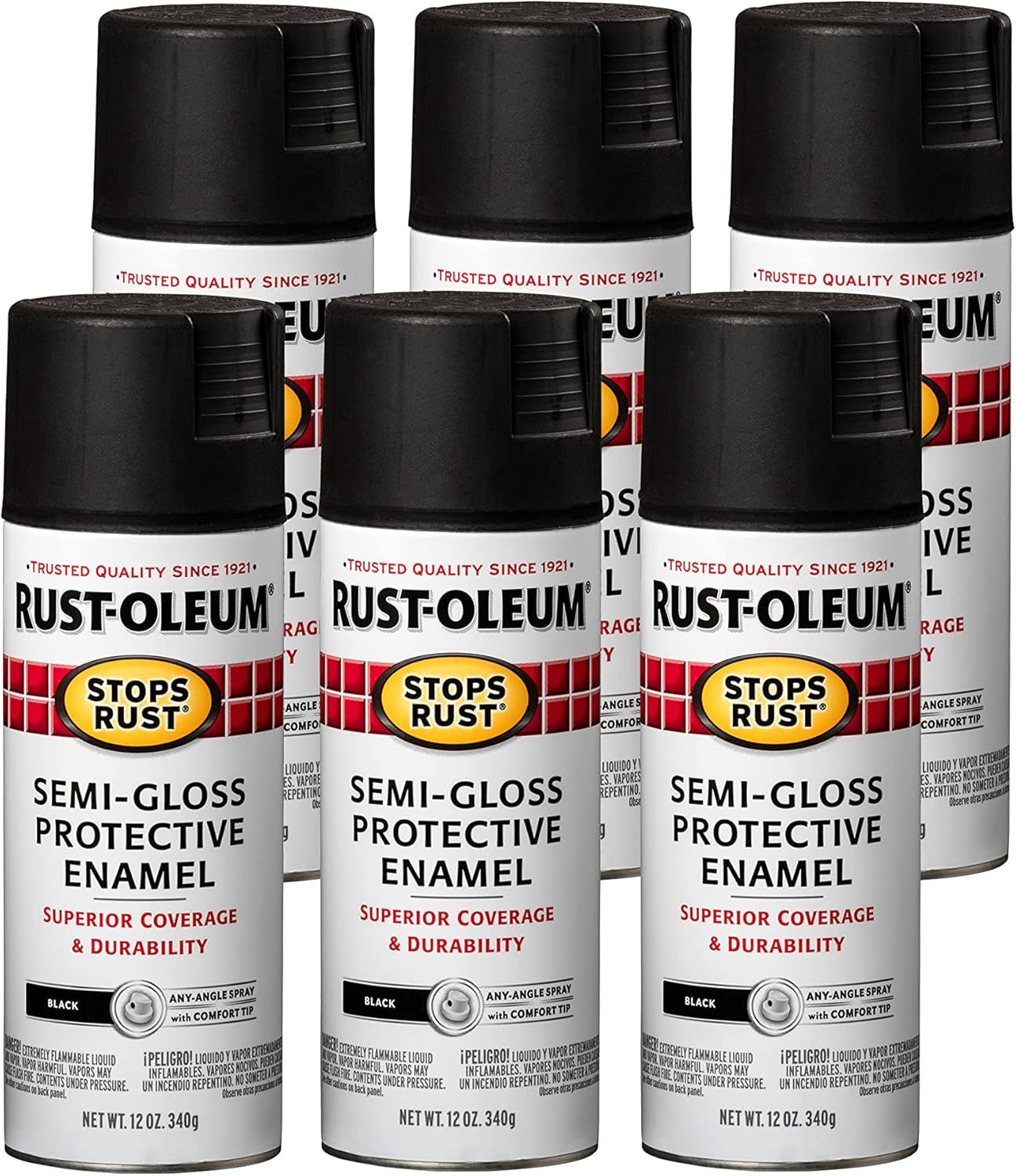 Shows the core product clearly - six cans of Rust-Oleum semi-gloss protective enamel spray paint in black, allowing shoppers to see exactly what they will…