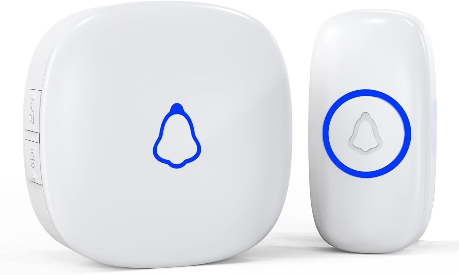 Shows the complete doorbell system with both the receiver unit and transmitter button to communicate that this is a two-component wireless solution.
