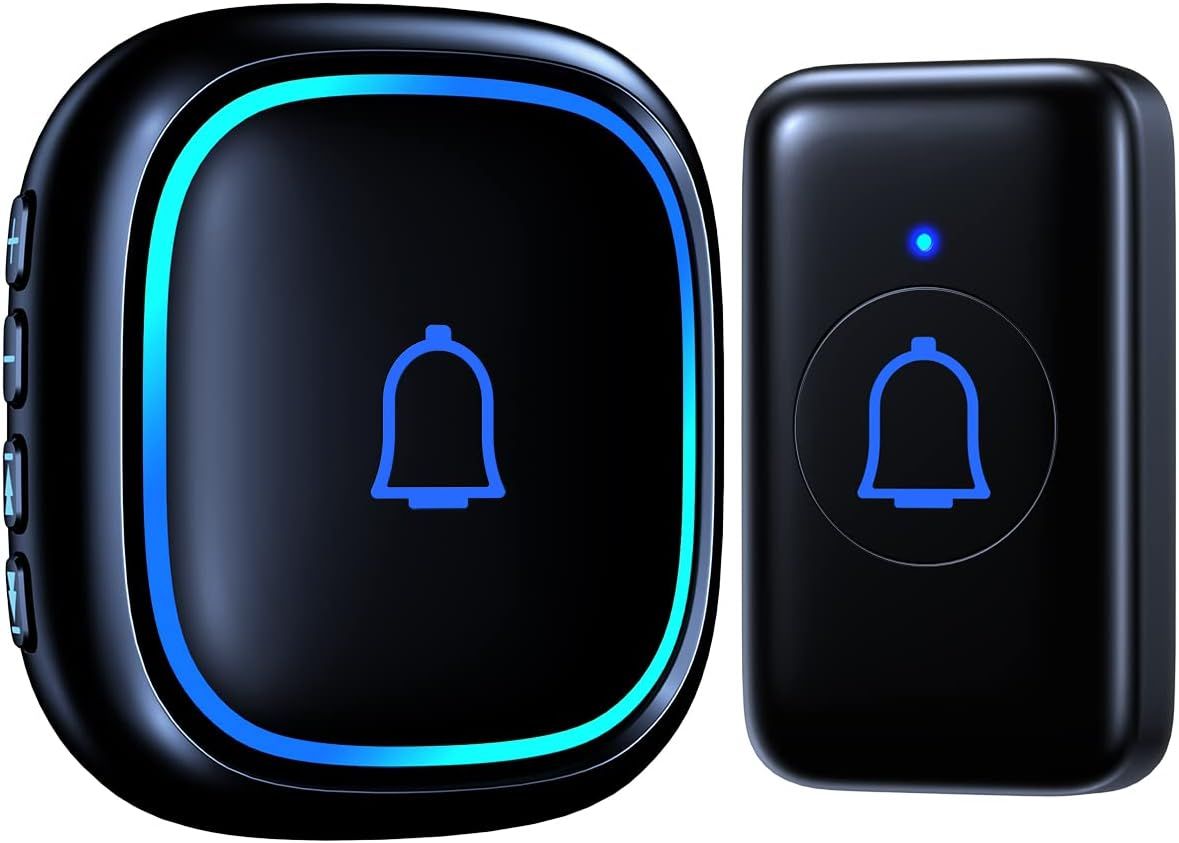 Shows the complete wireless doorbell system with both receiver and transmitter units, displaying the clean product design with illuminated LED indicators to…