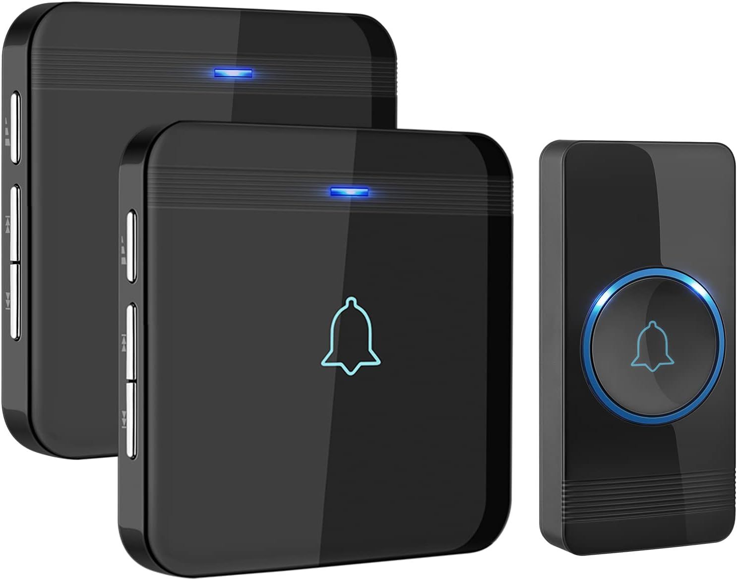 Shows the complete wireless doorbell system with two receivers and one transmitter button to communicate the multi-room coverage capability and what is…