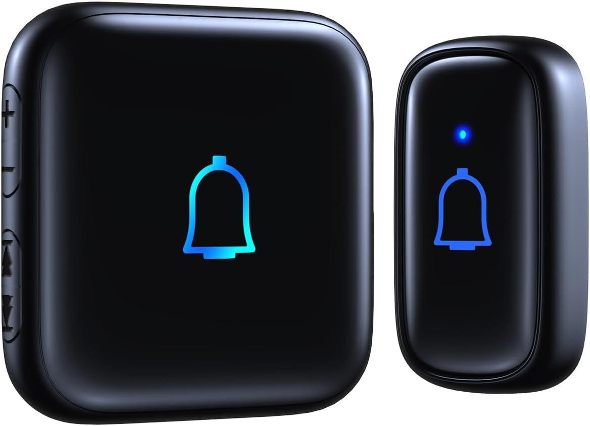 Shows the complete doorbell system with both the receiver unit and the button transmitter, communicating that this is a two-component wireless solution. Uses…