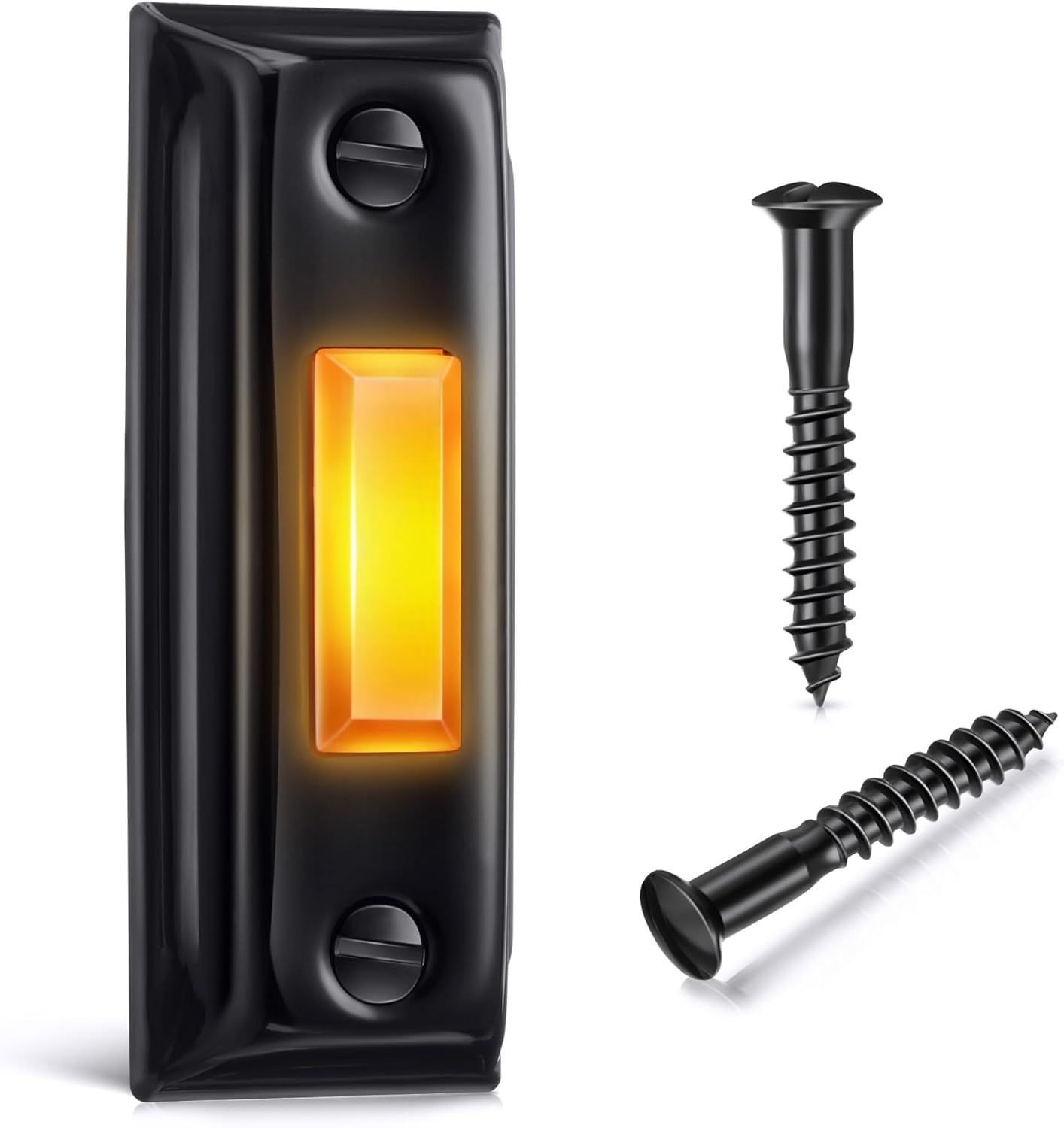 Shows the core product (a door strike plate with an illuminated amber window feature) along with the included mounting screws, giving shoppers a clear view of what they will receive. Demonstrates…