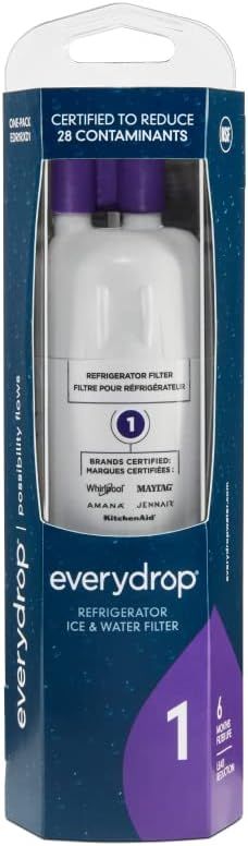 Displays the core product, a refrigerator water filter, in its retail packaging to show shoppers exactly what they will receive and confirm compatibility with major brands like Whirlpool, Maytag,…