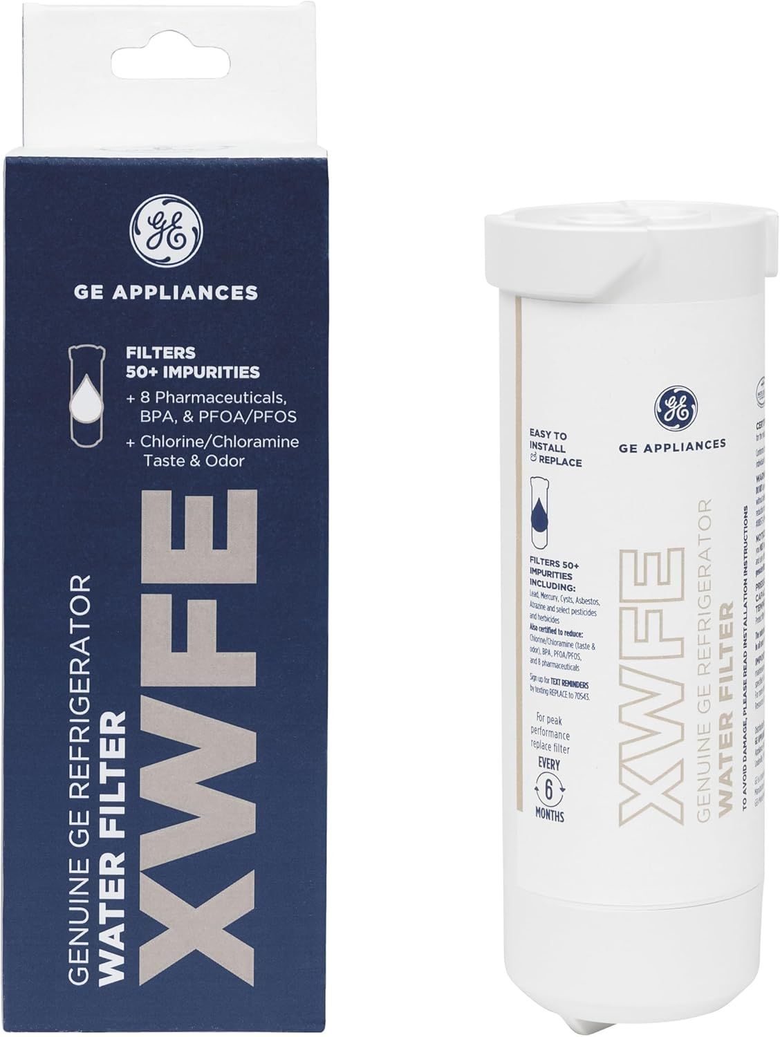 Shows the core sellable product - a GE refrigerator water filter - alongside its retail packaging to communicate what the buyer will receive. Displays the physical retail packaging with key product…