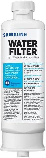 Displays the Samsung water filter product clearly so shoppers can identify the exact replacement part they need for their refrigerator. Shows the retail packaging with detailed model compatibility…