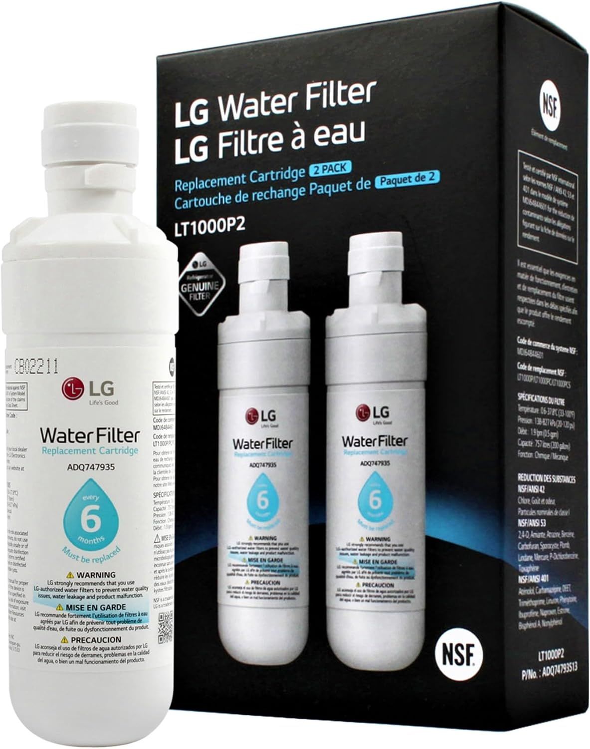 Displays the core product - LG water filter replacement cartridges - showing both the individual filter and the retail packaging to communicate what the buyer will receive. Shows the retail…