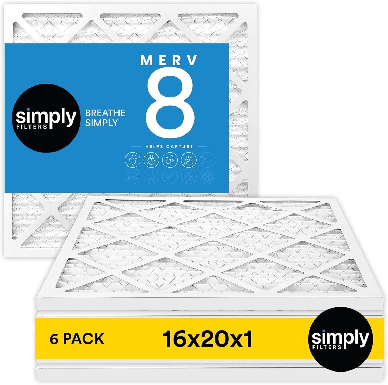 Shows the core product—a 6-pack of 16x20x1 MERV 8 air filters—clearly displaying the filters and packaging to communicate what the shopper will receive.…