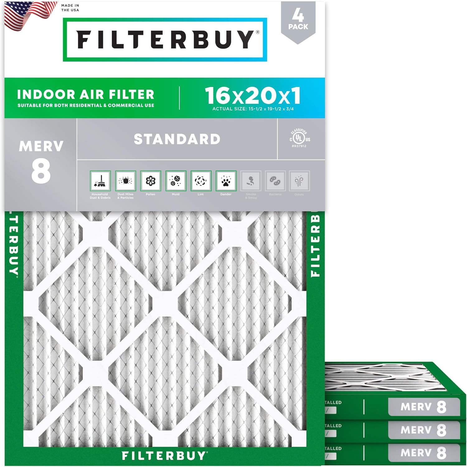 Shows the product in its retail packaging to communicate brand, specifications (16x20x1, MERV 8), quantity (4-pack), and key features (filters household dust,…
