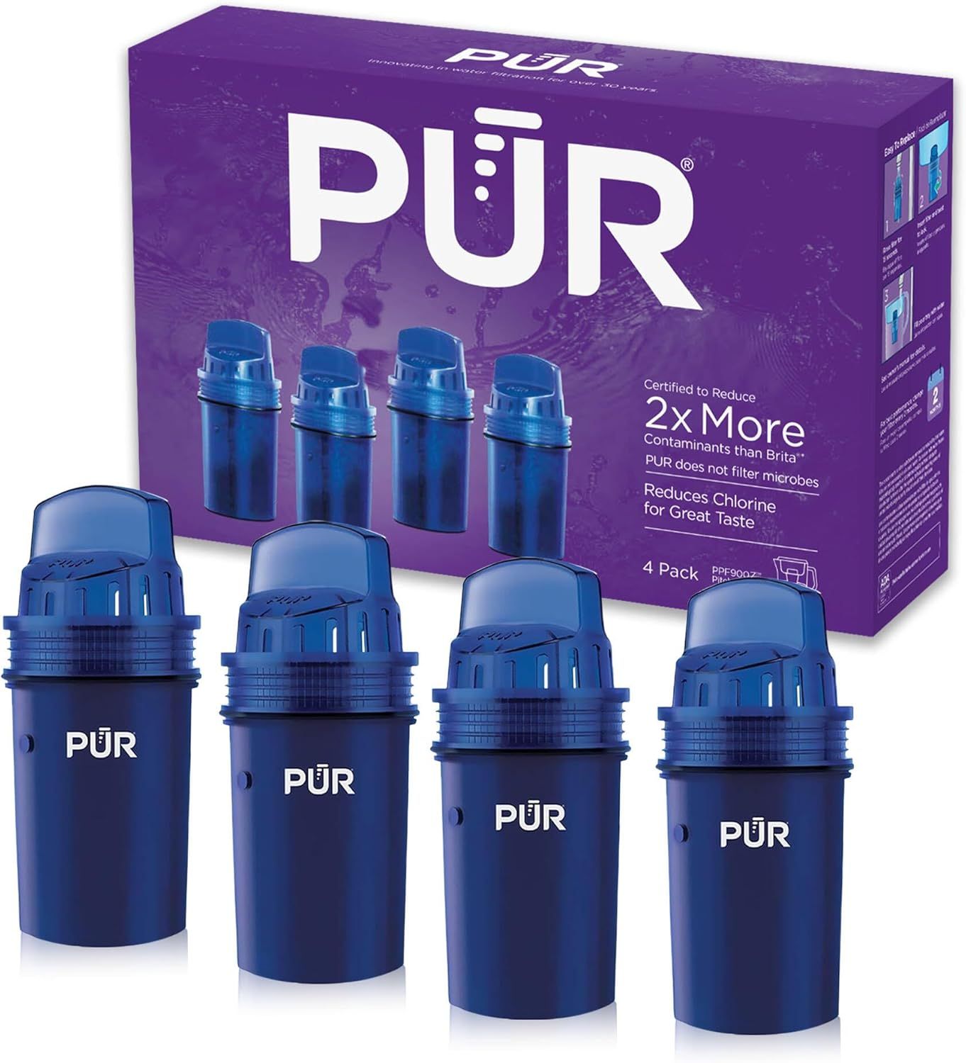 Shows the core product—a 4-pack of PÜR water filter cartridges—clearly displayed with packaging to communicate what the shopper is purchasing. Displays the retail packaging prominently to…