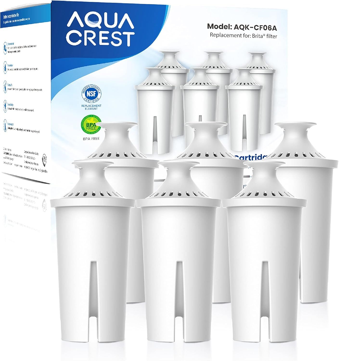 Displays the core product—a multi-pack of replacement water filter cartridges—clearly showing the quantity and design to help shoppers understand what they are purchasing. Shows the retail packaging…