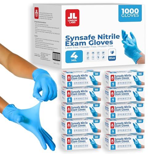 Shows the product in its bulk packaging format (1000 gloves total) to communicate quantity and value for buyers needing large supplies of nitrile exam gloves. Demonstrates how the gloves fit on…