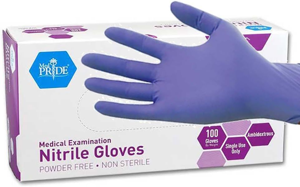 Shows the core product (nitrile gloves) alongside its retail packaging to communicate what the buyer will receive and key product specifications. Displays the physical packaging box with branding…