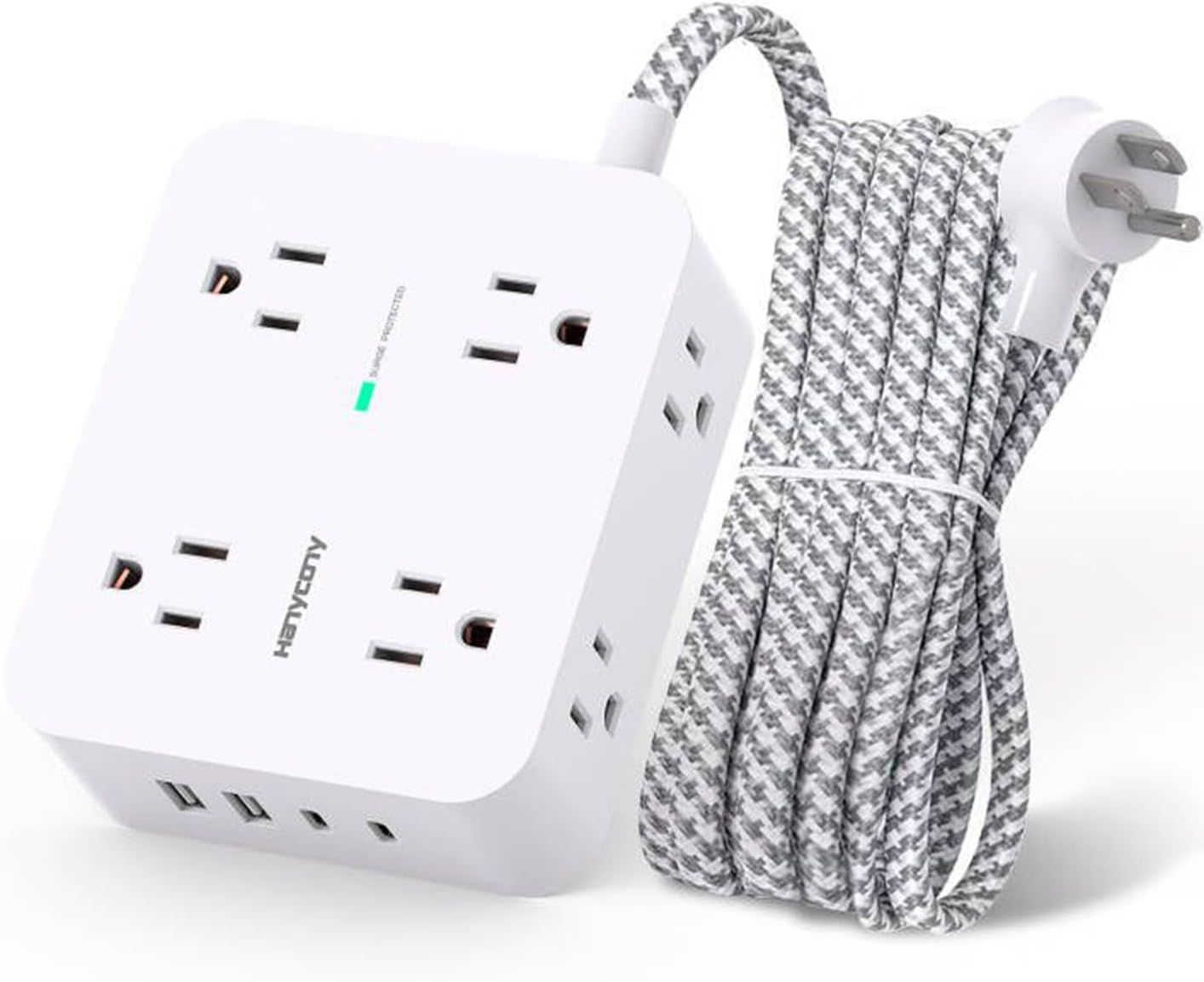 Shows the core product clearly on a white background to communicate its design, outlet configuration, USB charging ports, and included braided power cord for…