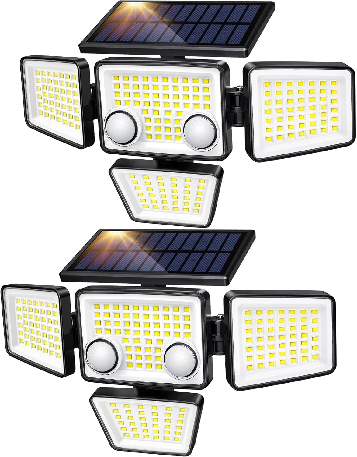 Shows the complete product with its solar panel, four adjustable LED light heads, and motion sensors to communicate the comprehensive outdoor lighting solution and its key features. Demonstrates how…