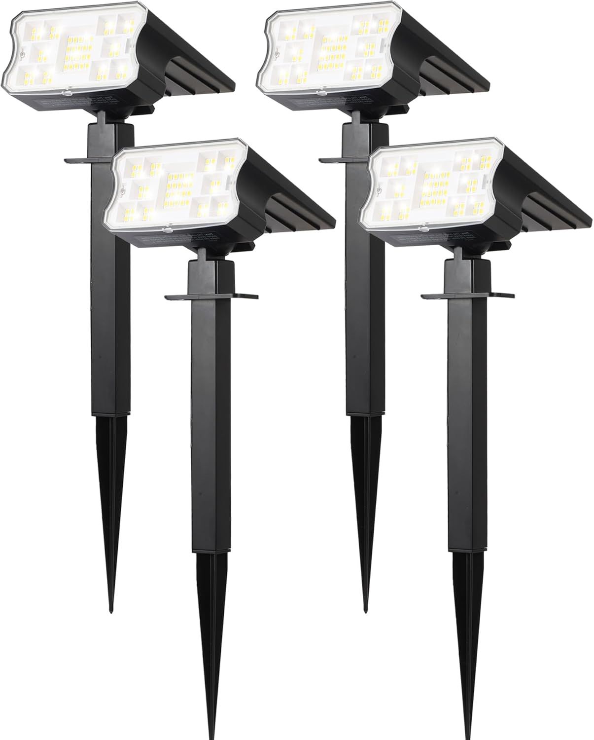 Shows the core product as a set of four solar-powered LED outdoor lights with adjustable heads and ground stakes, clearly displaying what the buyer will receive. Displays multiple units side-by-side…