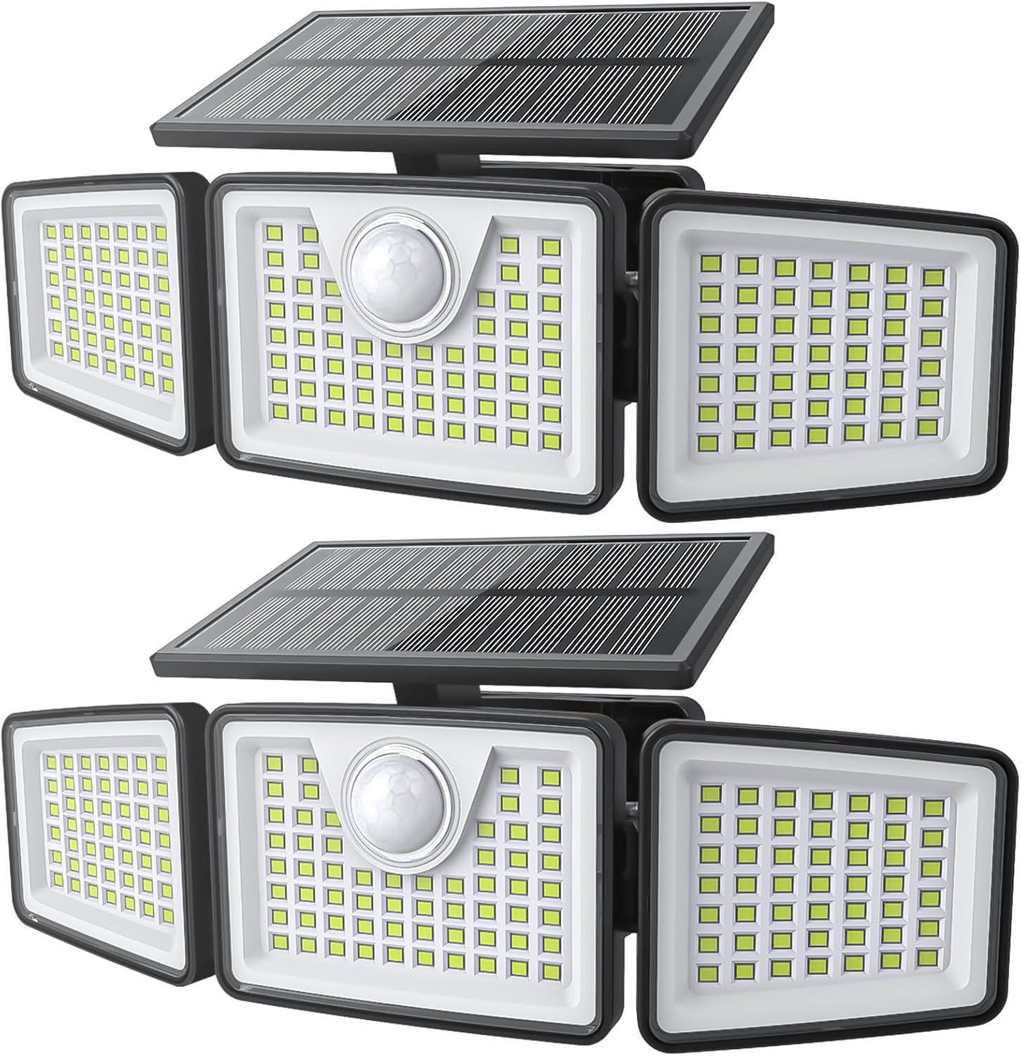 Shows the core product clearly with all its key components visible including the solar panel, motion sensor, and three adjustable LED light heads to help…