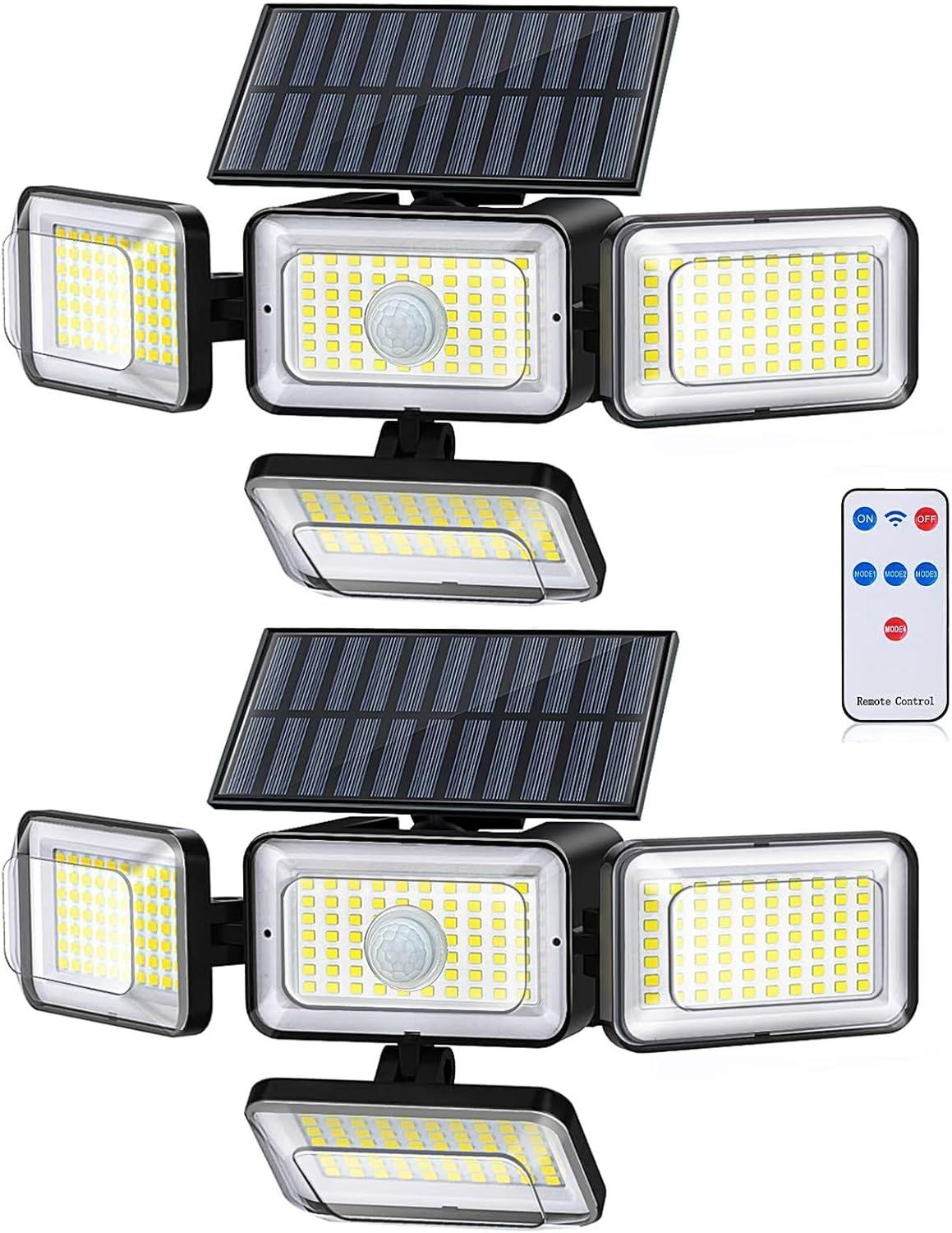 Shows the core product clearly with all its key components visible, including the solar panels, multiple LED light heads, motion sensor, and remote control, allowing shoppers to understand what they…