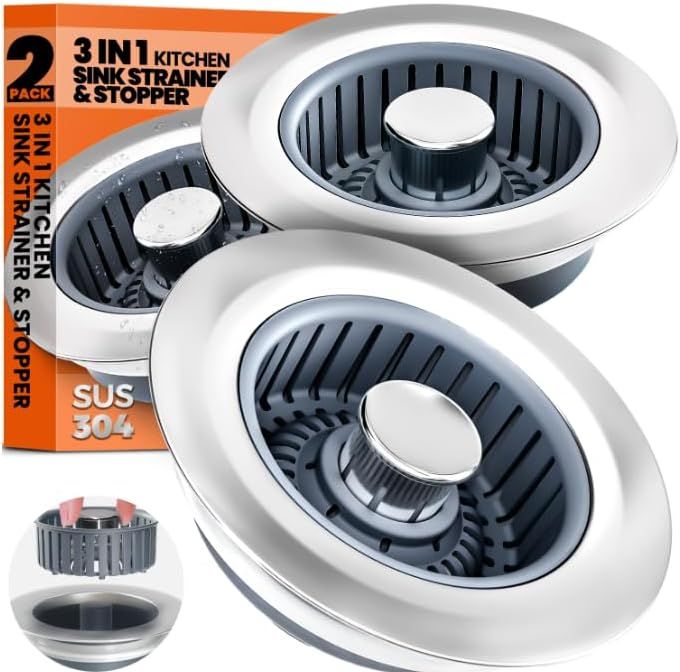 Displays the core product clearly showing the 2-pack kitchen sink strainers with their strainer basket design and stopper functionality to help shoppers understand what they are purchasing. Shows…