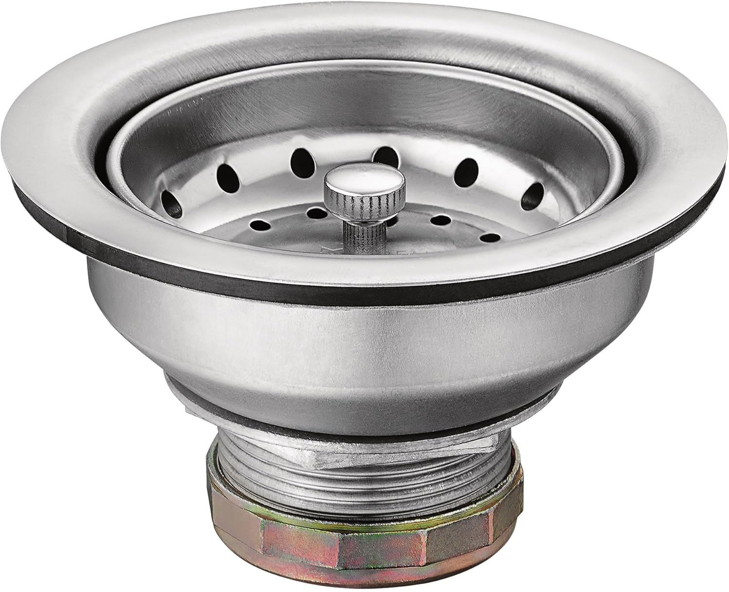 Displays the kitchen sink strainer as a clean catalog product shot, showing its stainless steel construction, drainage holes, center post mechanism, and…