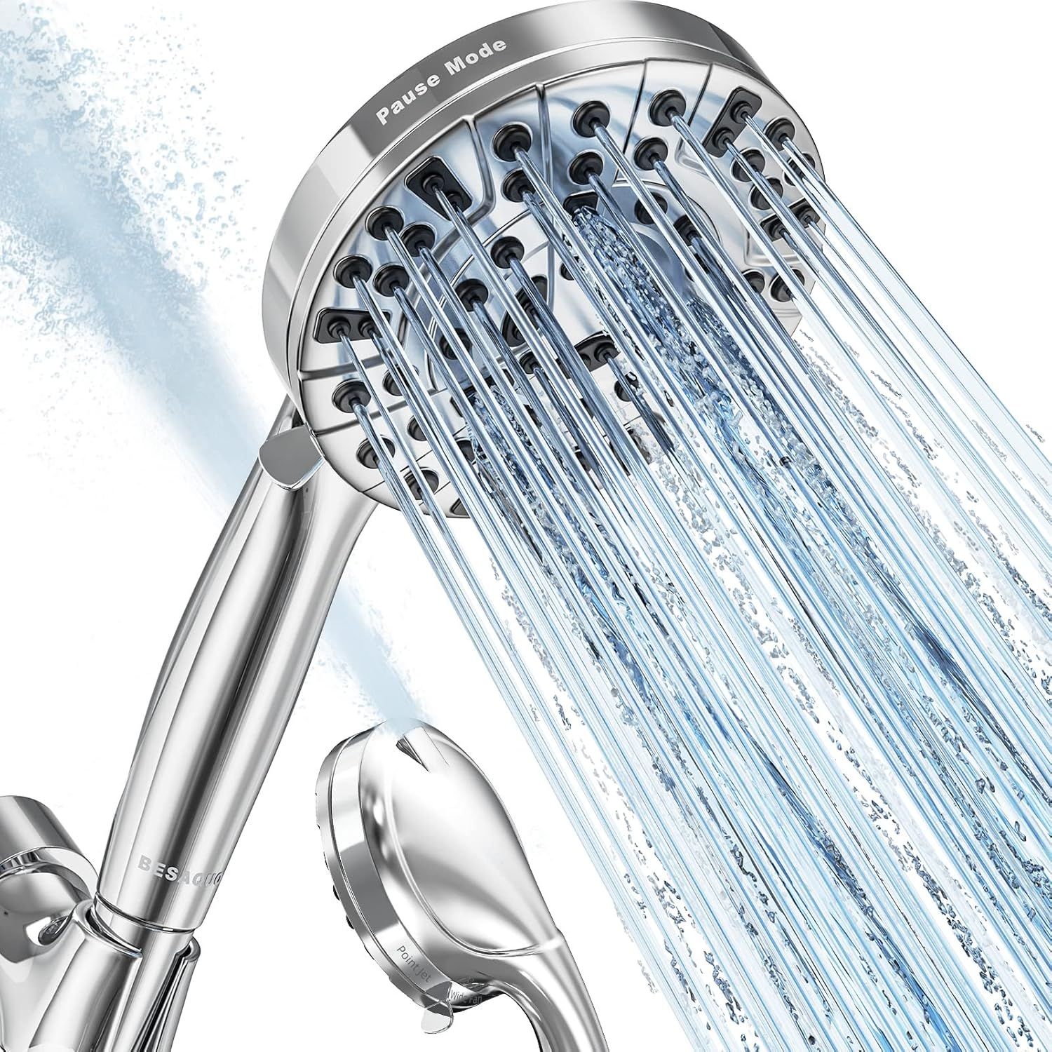 Shows the core product—a handheld shower head with multiple spray nozzles and a pause mode feature—to communicate its design and functionality to the shopper. Demonstrates the shower head actively…