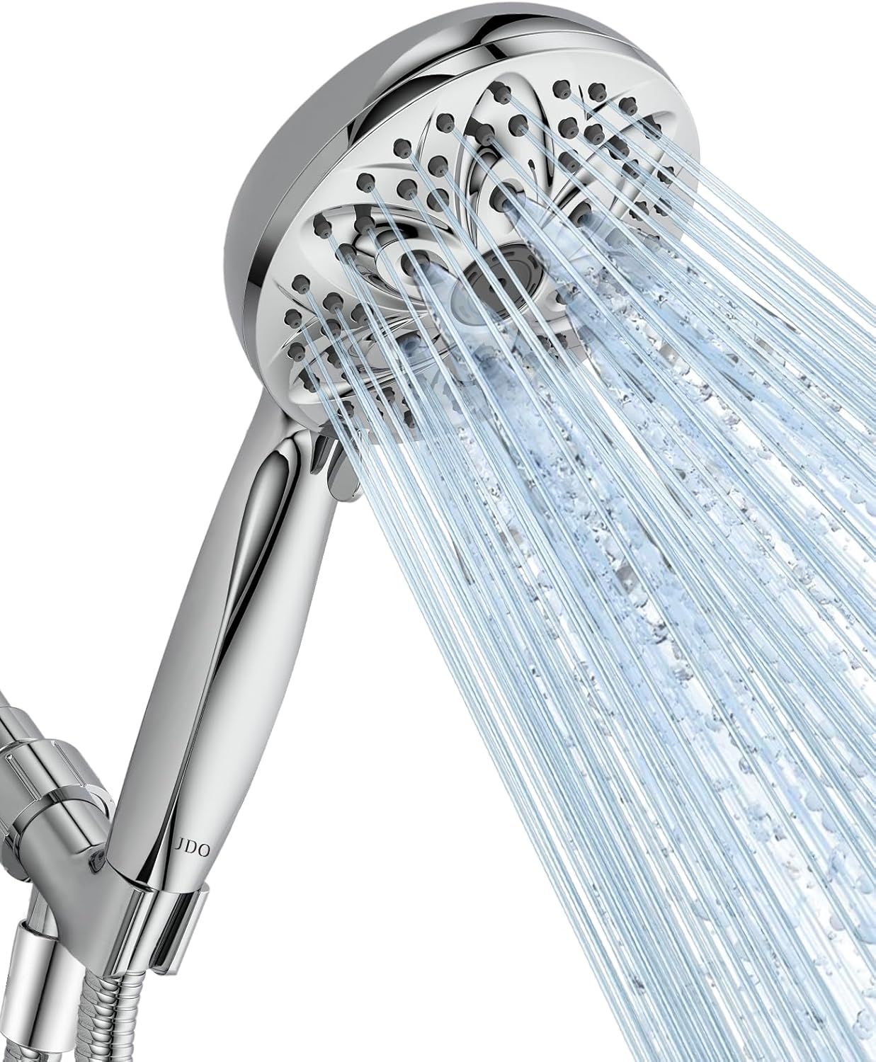 Displays the core product clearly on a white background to show the chrome finish, multiple spray nozzles, and handheld design with hose attachment. Shows the showerhead actively spraying water to…