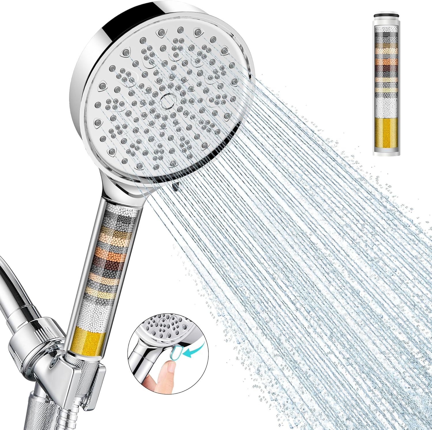 Displays the core product—a handheld showerhead with a built-in water filtration system—to show shoppers exactly what they are purchasing and its key design features. Demonstrates the product…