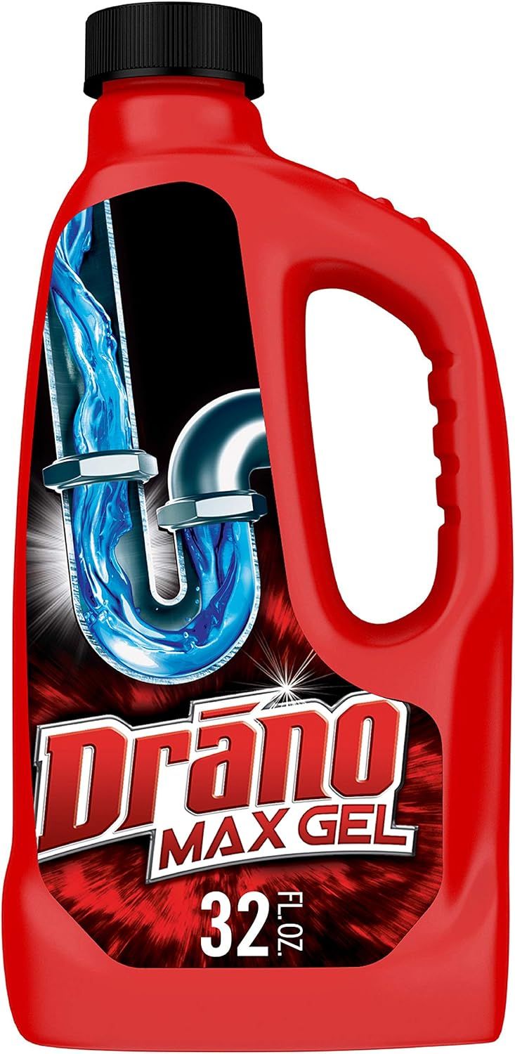 Shows the core product—a Drano Max Gel drain cleaner bottle—clearly displayed so shoppers can identify the brand, format, and size (32 FL OZ) they are purchasing. Uses a dramatic graphic…