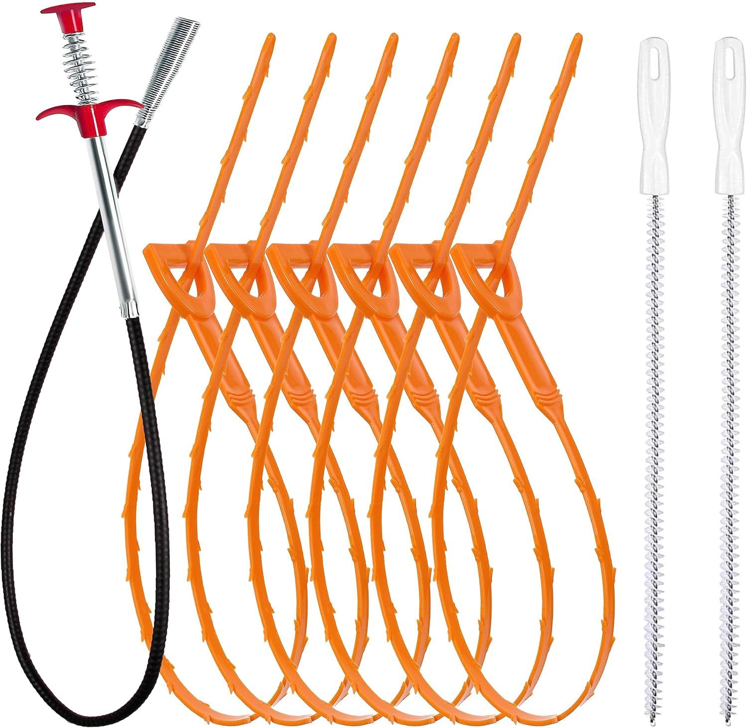 Displays the complete drain cleaning tool set including multiple snake tools and brushes, showing shoppers exactly what items are included in the purchase. Demonstrates that the purchase includes…