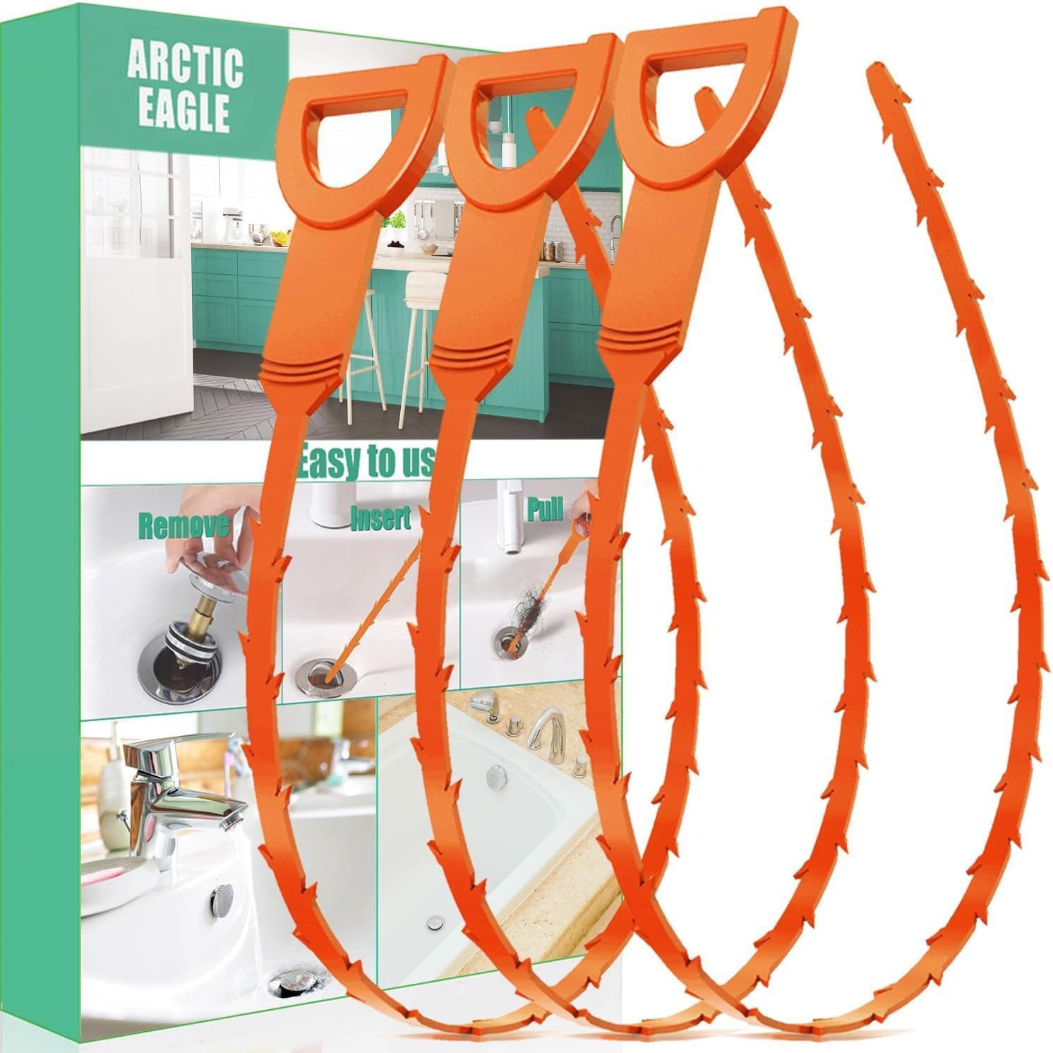 Shows the core product—a set of orange flexible drain cleaning tools with serrated edges—clearly displayed so shoppers can see what they are purchasing. Displays the retail packaging with brand name…