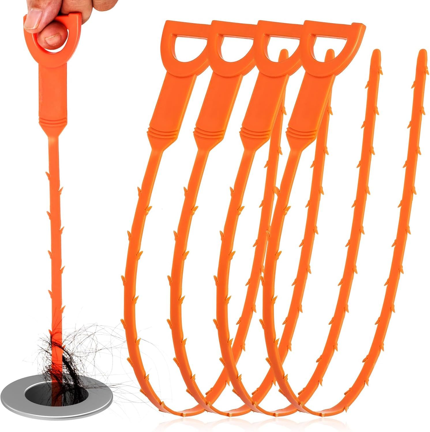 Demonstrates how the product works by showing it in action removing hair from a drain, communicating its primary function and effectiveness. Shows a human hand holding and using the product to…