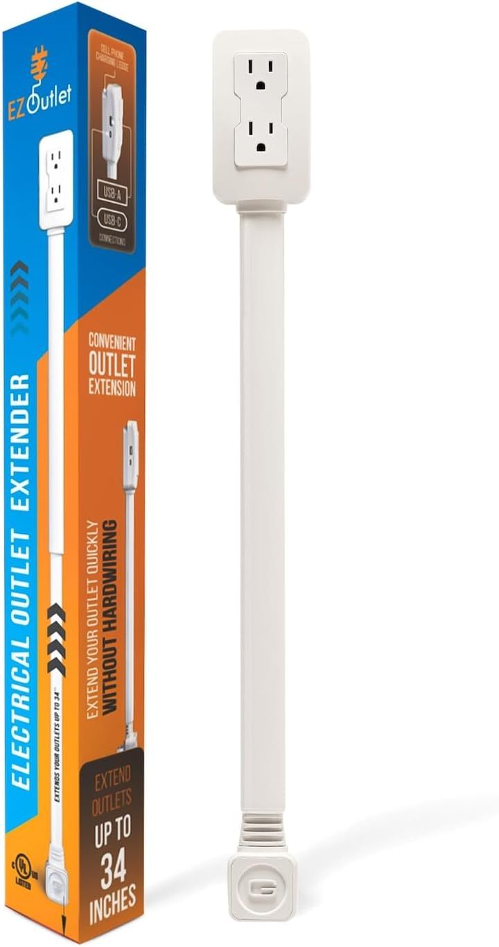 Shows the core product clearly - an electrical outlet extender with a long extension arm that allows outlets to be reached in hard-to-access locations. Displays the retail packaging alongside the…