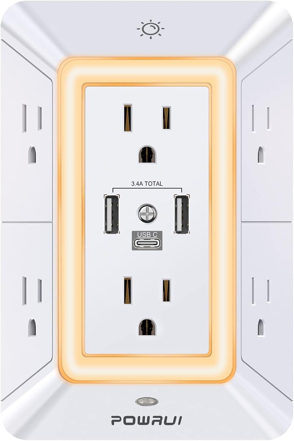 Shows the core product clearly on a white background, displaying all outlets and USB ports to communicate the product's functionality and design. Demonstrates the product's key features including…