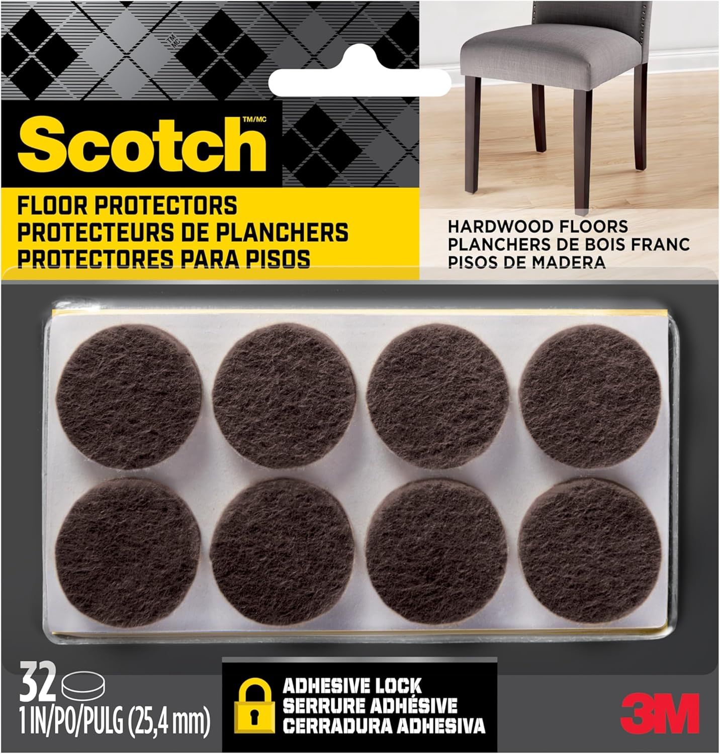 Displays the core product—a set of round felt floor protector pads—clearly visible in their packaging, allowing shoppers to see exactly what they are purchasing. Shows the retail packaging with…