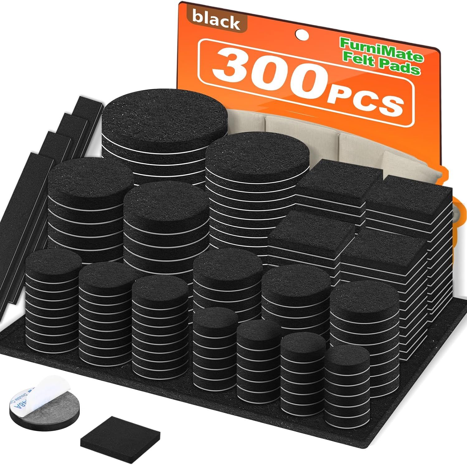 Shows the complete set of 300 black felt pads in various shapes (round, square, rectangular) to communicate the quantity and variety included in the purchase. Displays the orange retail packaging…