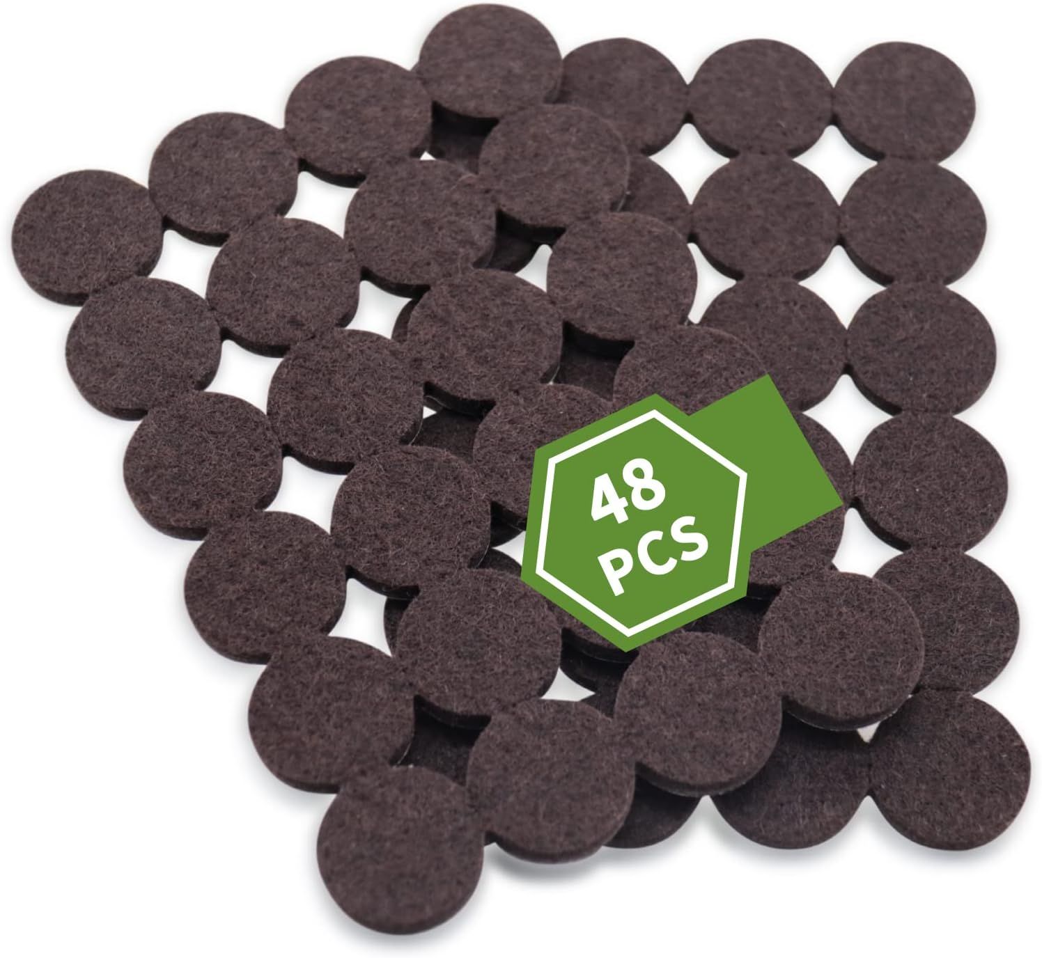 Shows the core product clearly - a 48-piece set of brown felt furniture pads displayed on a white background to communicate quantity and appearance. The green hexagonal badge with 48 PCS text is a…