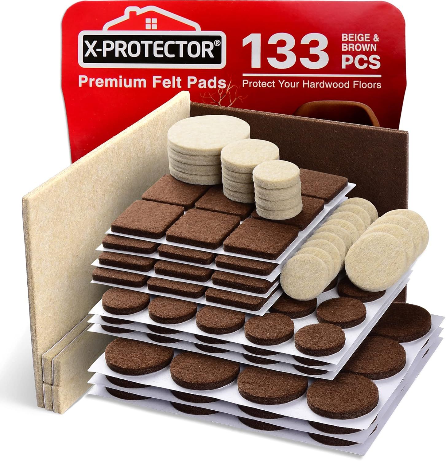 Displays the complete 133-piece felt pad set with various shapes (round, square, rectangular) and sizes in beige and brown colors to show shoppers the full variety and quantity included in the…
