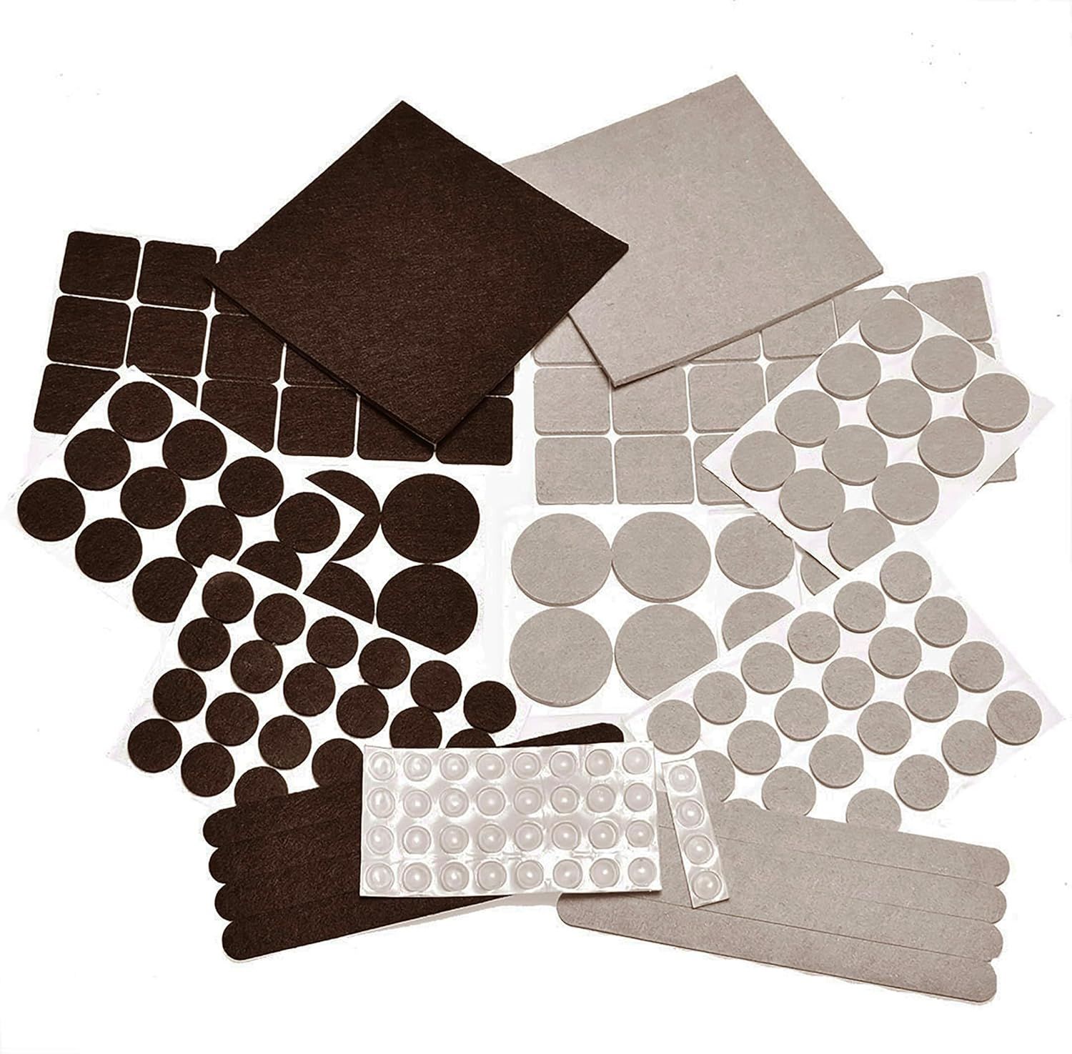 Shows the complete assortment of felt furniture pads in various shapes, sizes, and colors to communicate the versatility and comprehensive protection options included in the set. Displays all the…