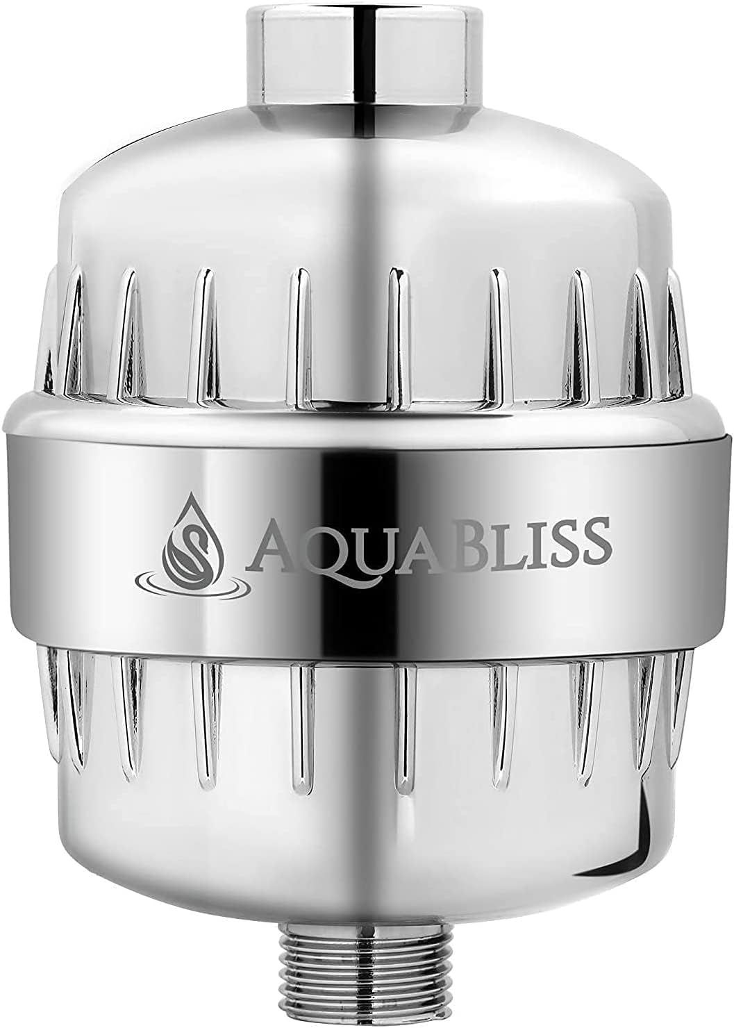 Displays the shower filter product in a clean catalog style to showcase its polished chrome construction and multi-stage filtration system with visible filter…