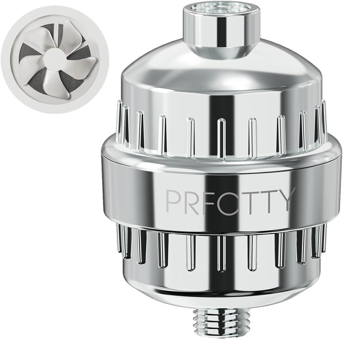 Displays the core product, a chrome shower filter attachment with visible filtration pins and internal mechanism, to show shoppers exactly what they will receive. Shows the included internal filter…