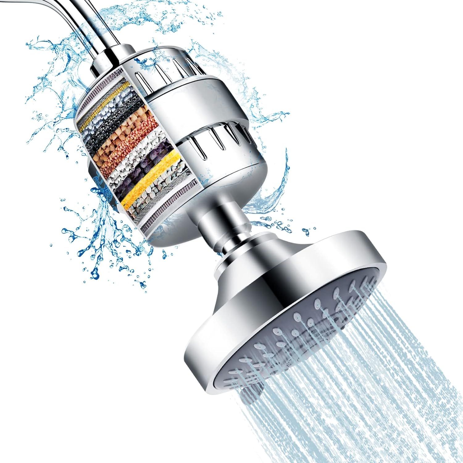 Demonstrates the internal filtration layers of the shower head to reassure shoppers that the product actively purifies water through multiple stages, delivering cleaner and healthier shower water.…