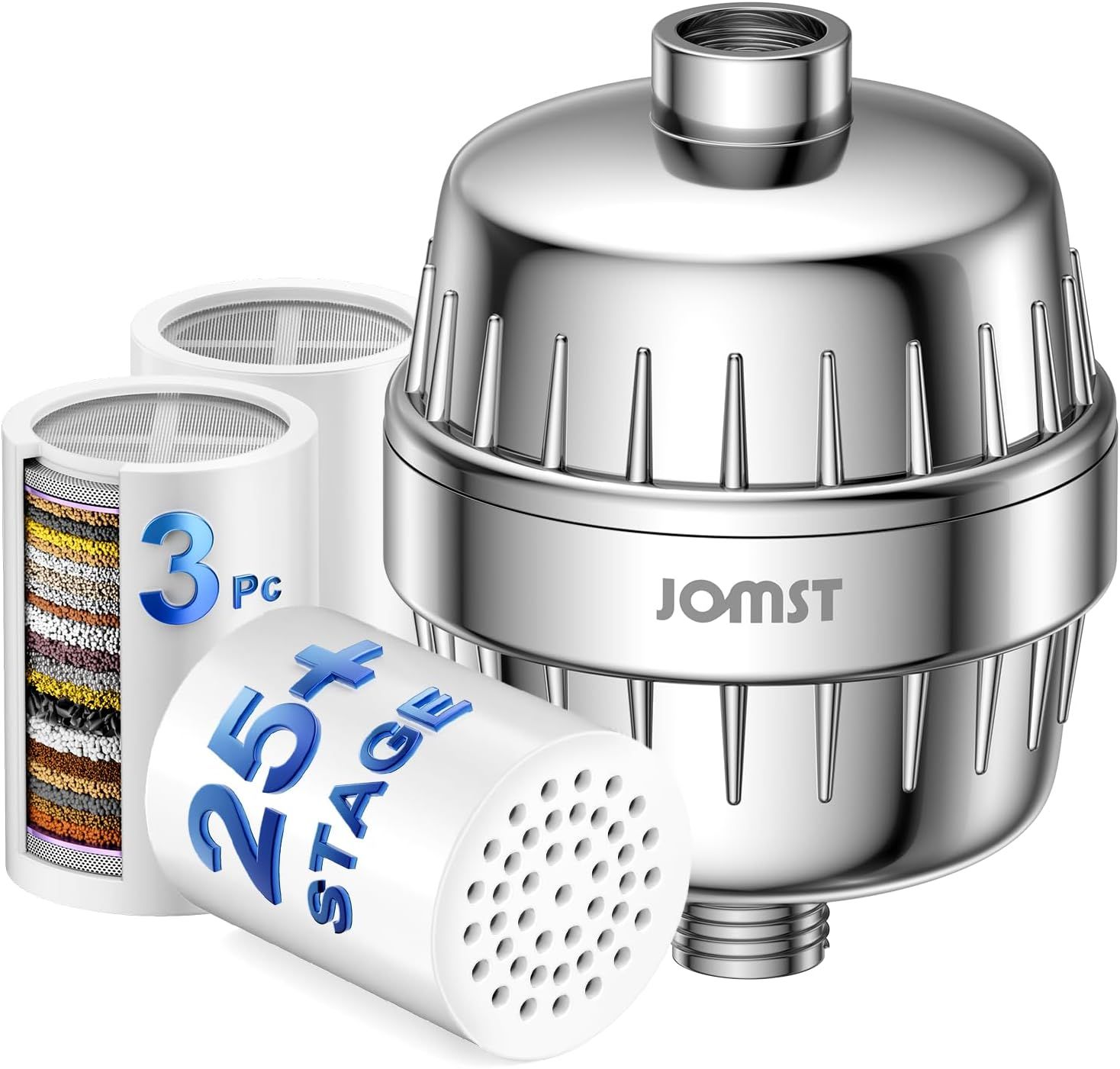Shows the core shower filter unit and included replacement cartridges to communicate the complete filtration solution and value of multiple filters. Displays the included replacement filter…