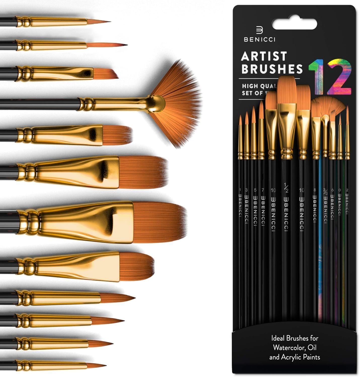 Shows the complete set of 12 artist brushes with different shapes and sizes to communicate the variety and completeness of the product offering. Displays the actual retail packaging the buyer will…