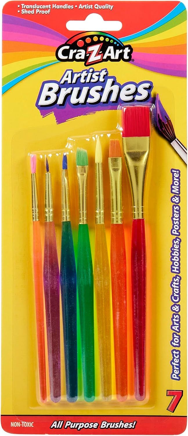 Shows the complete set of 7 artist brushes with colorful translucent handles, allowing shoppers to see exactly what they will receive and the variety of brush sizes included. Displays the product in…