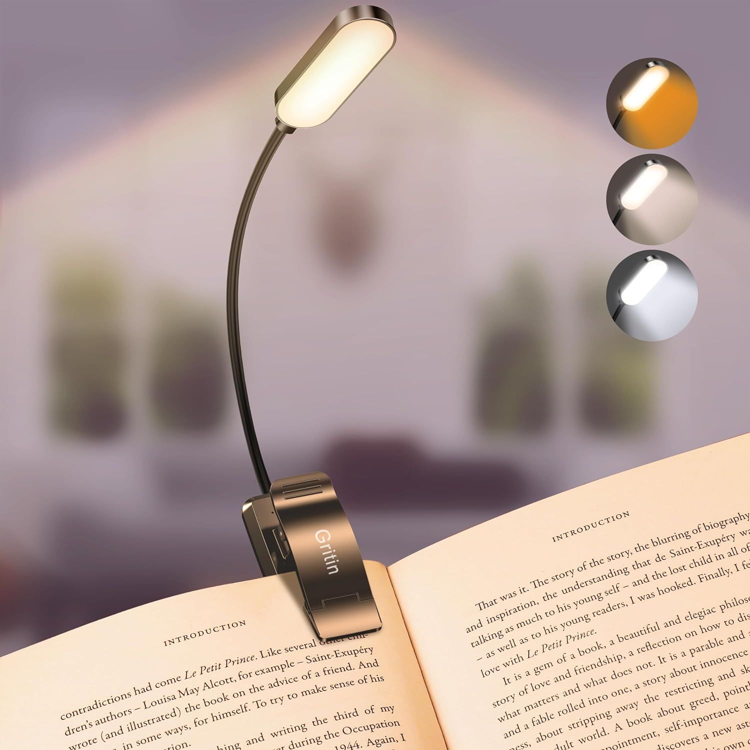 Shows the core product, a clip-on reading lamp with a flexible neck, clearly displayed to help shoppers understand its form factor and design. Demonstrates the lamp actively illuminating a book and…