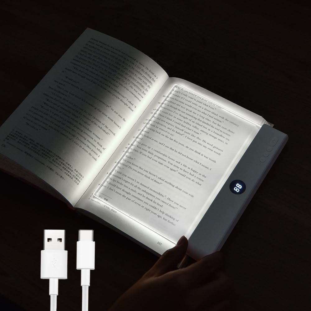 Shows the core product—a rechargeable LED book light panel—in use on an open book to demonstrate its illumination function and reassure shoppers it provides clear, even lighting for nighttime…