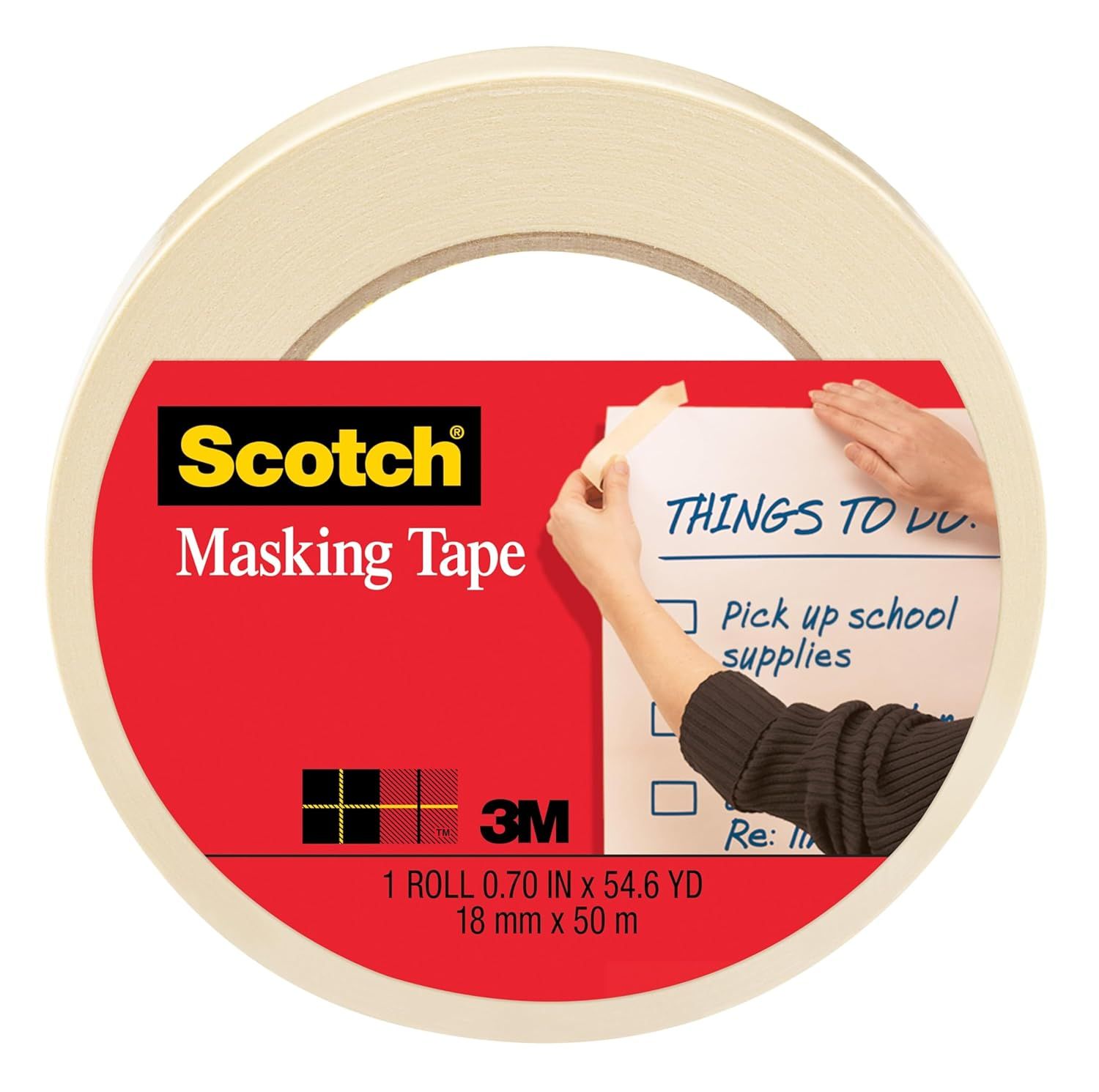 Shows the Scotch Masking Tape roll clearly with its retail packaging label, allowing shoppers to identify the product and brand immediately. Displays the branded retail label with product…