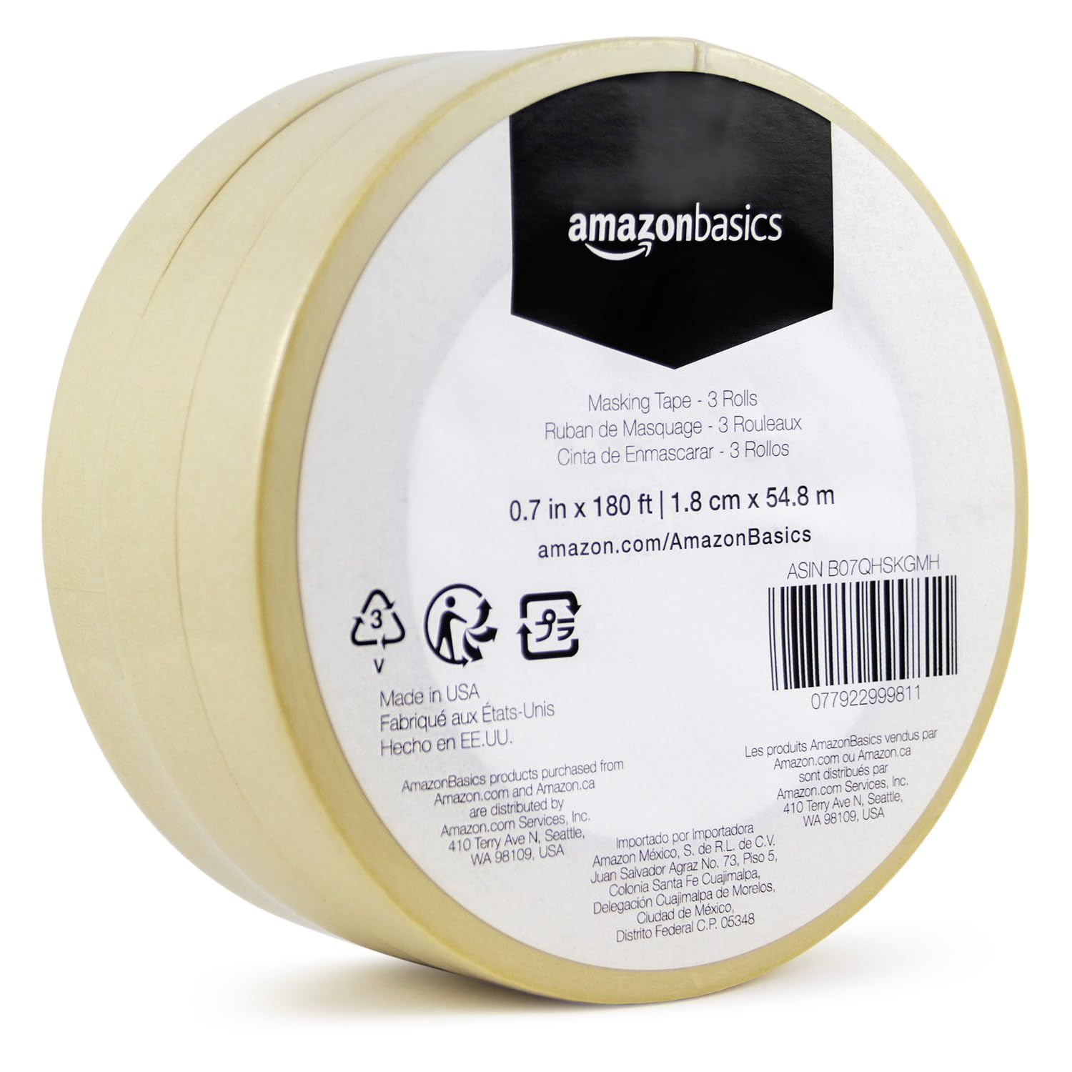 Shows the core product clearly—three rolls of masking tape packaged together—so shoppers can see exactly what they are purchasing. Displays the retail packaging label with AmazonBasics branding,…