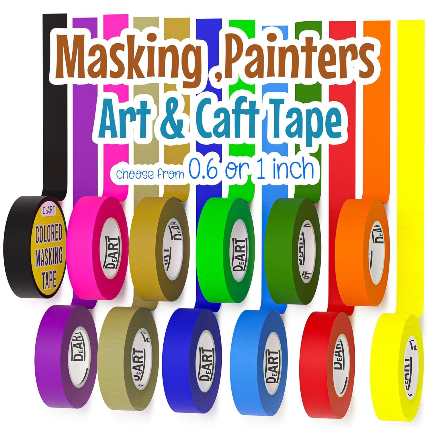 Displays the wide range of color choices available for the masking tape, allowing shoppers to see all selectable options at once and choose the color that best fits their project needs.